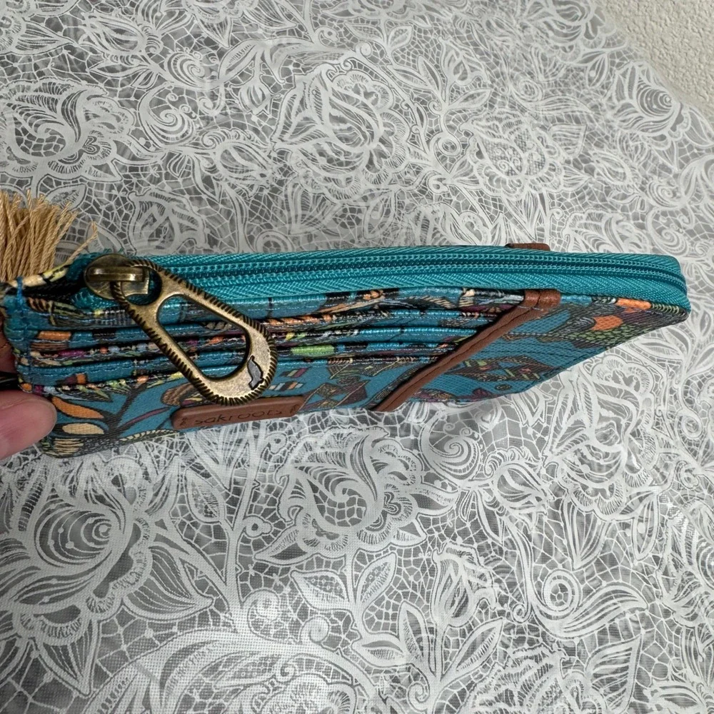Sakroots Artist Circle ID Lanyard Wallet Teal Floral Owl Charm Tassel Boho